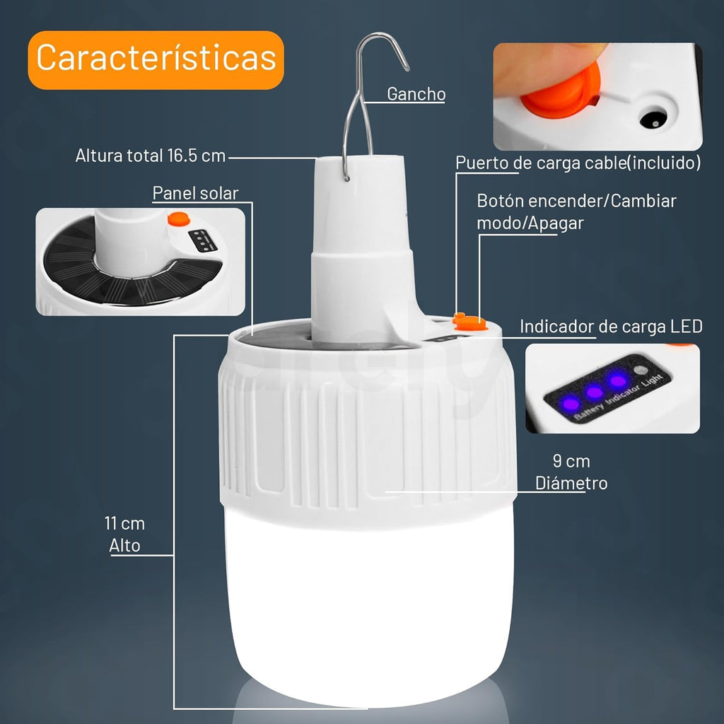 Foco Lámpara LED 40 W Recargable Solar y USB con Gancho