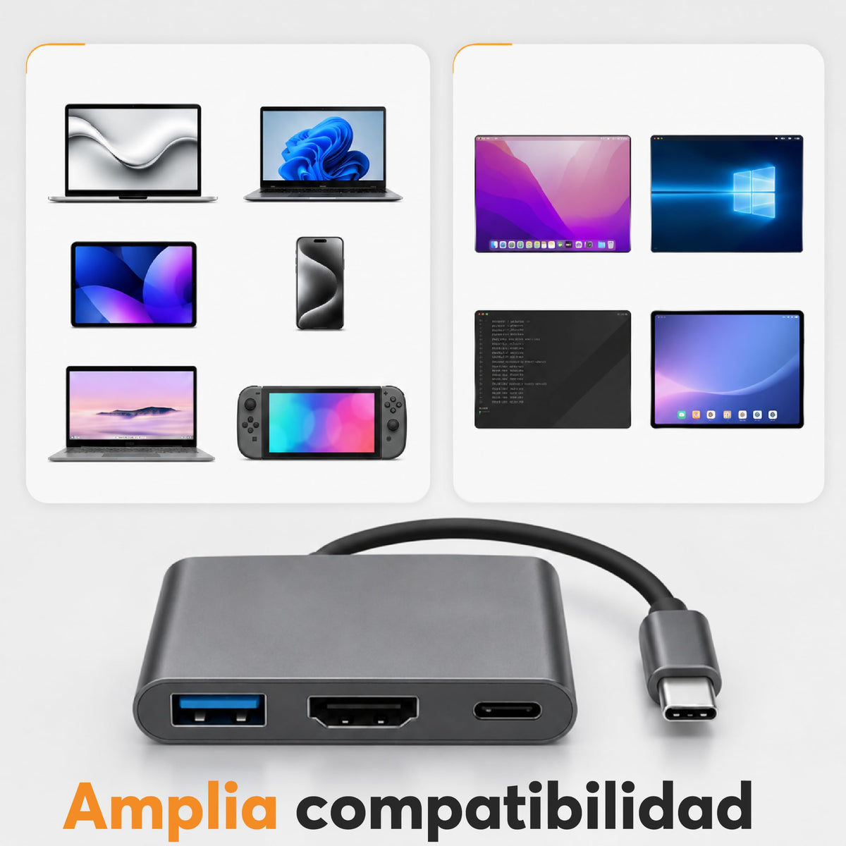 Hub USB-C 3 en 1 con HDMI, USB 3.0 y USB-C