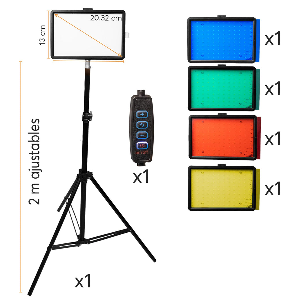 Panel de Luz LED de 8" con Tripié de 2 m y 4 Filtros de Color