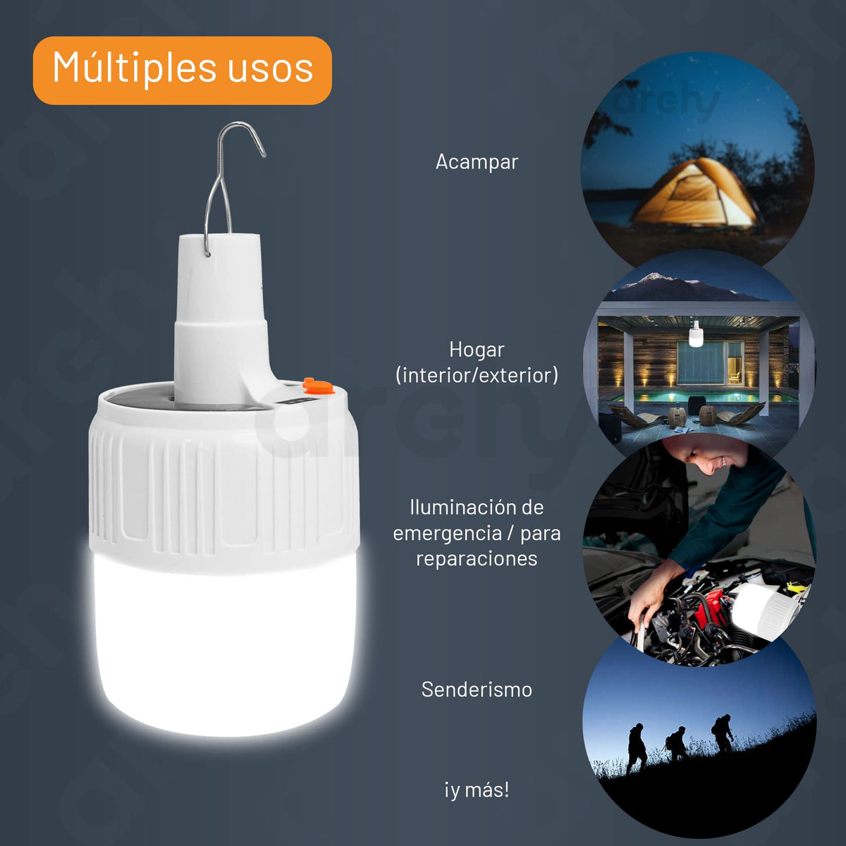 Foco Lámpara LED 40 W Recargable Solar y USB con Gancho