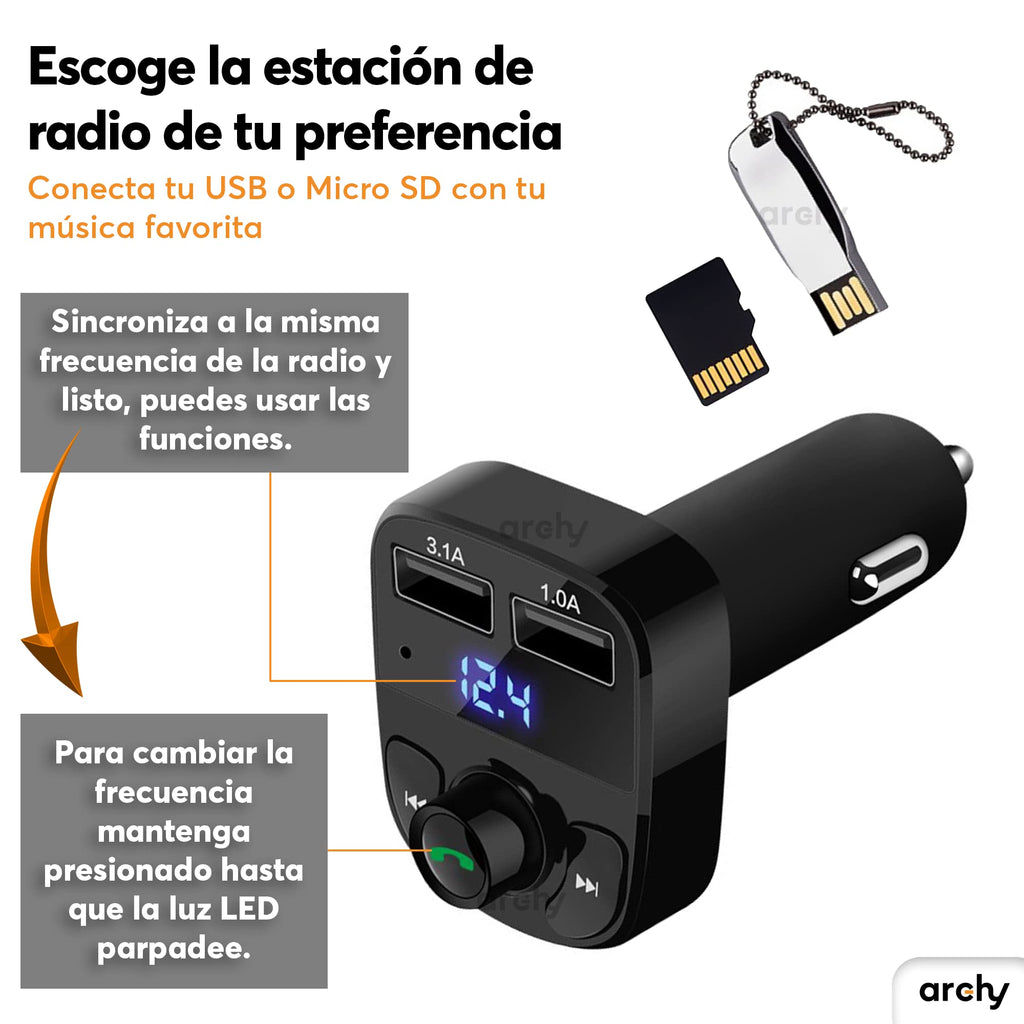Transmisor Bluetooth FM para Carro 3.1 A con Manos Libres