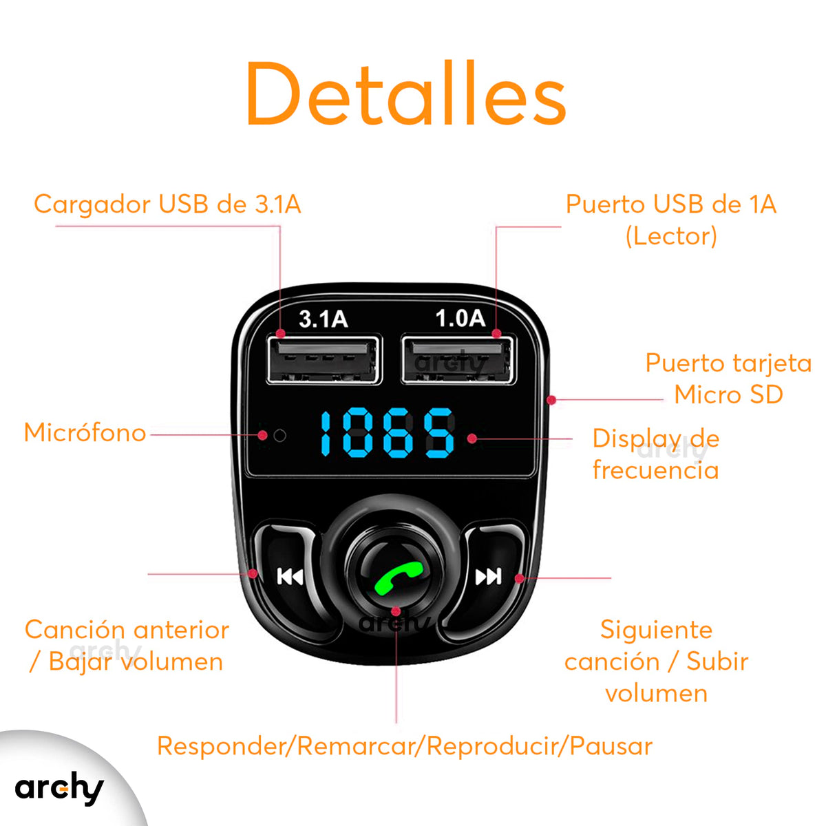 Transmisor Bluetooth FM para Carro 3.1 A con Manos Libres