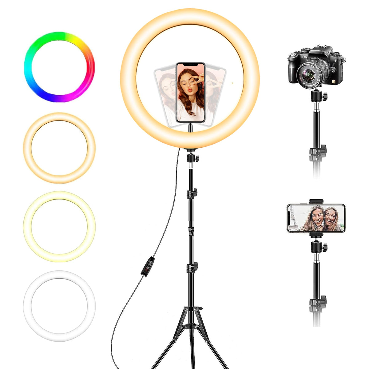 Aro de Luz LED con Tripié de 2 m y Soporte para Celular 14 pulgadas / RGB