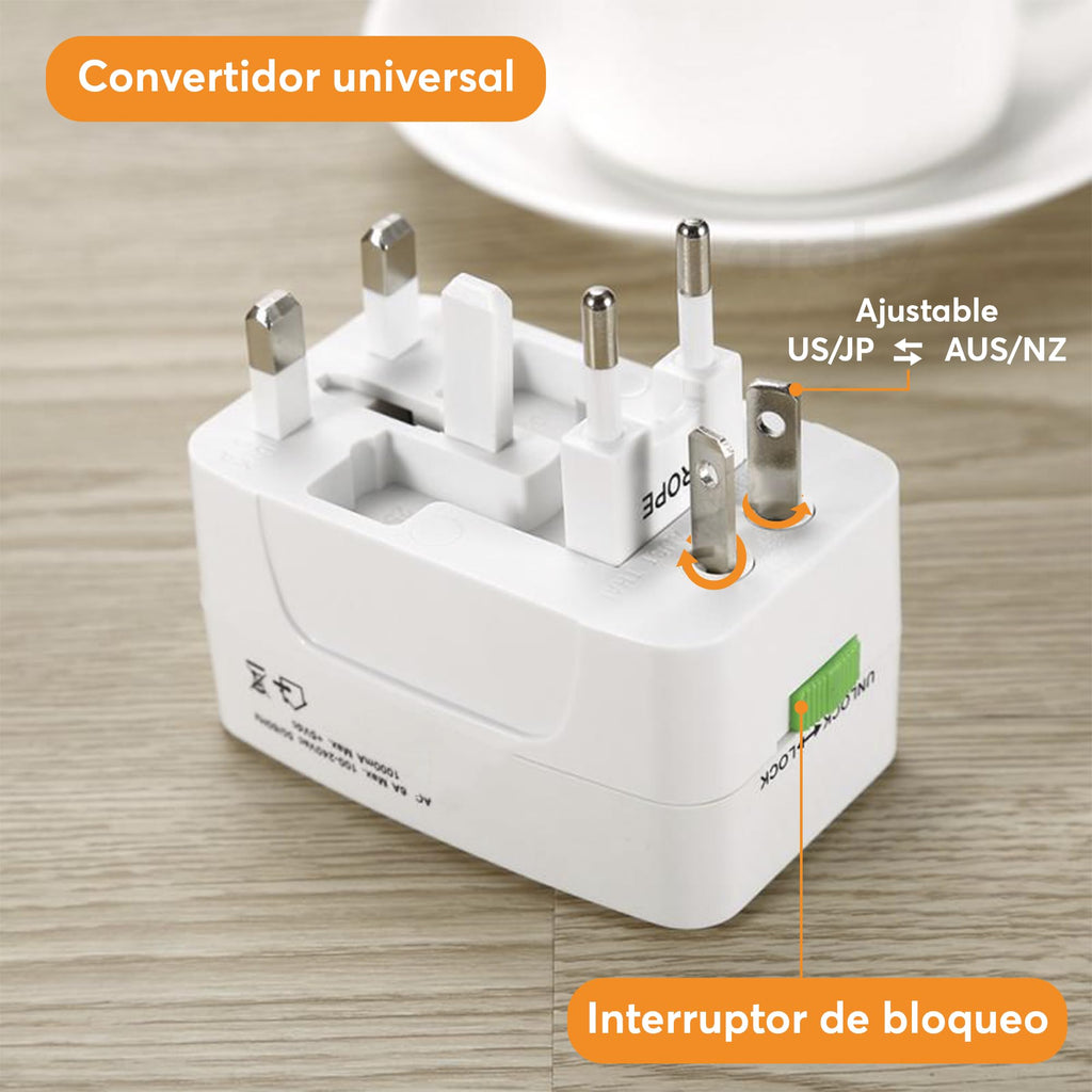 Adaptador Universal de Viaje con Puertos USB-A y USB-C