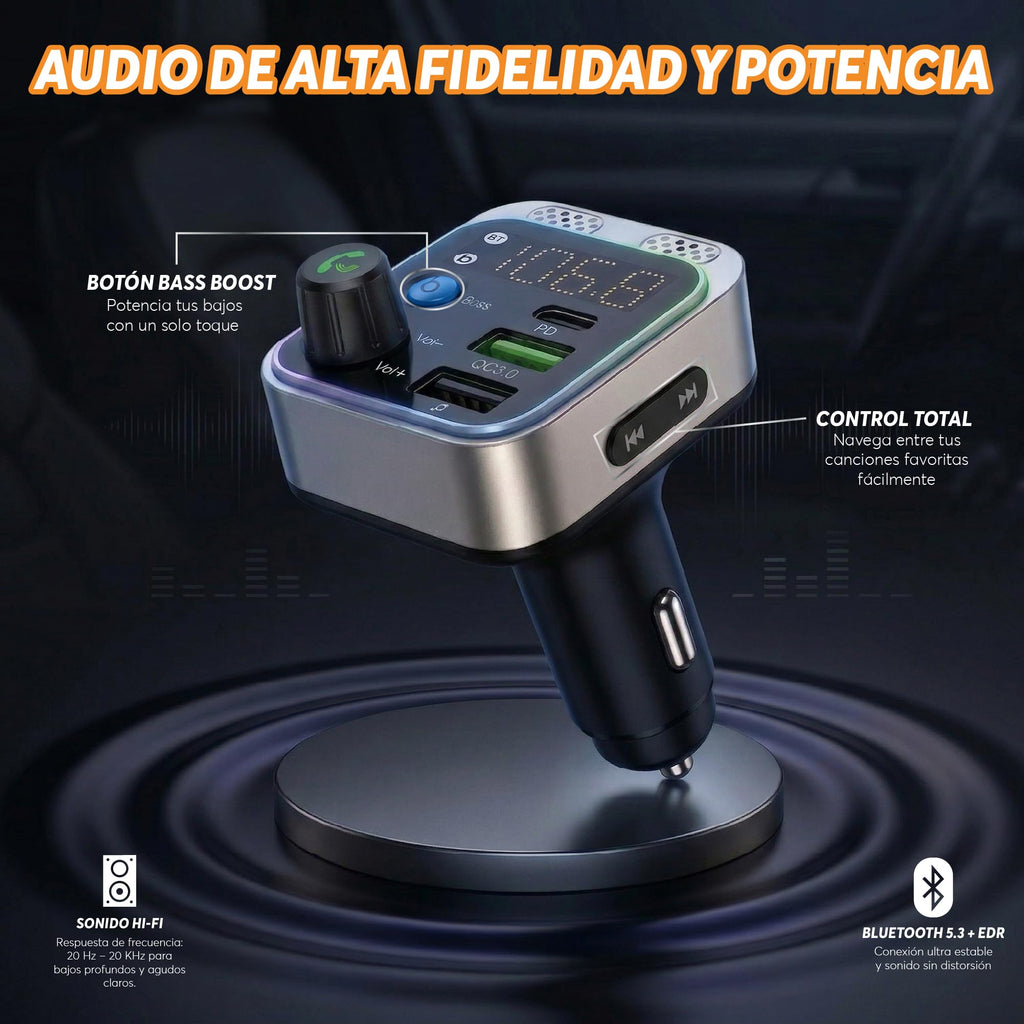 Transmisor Bluetooth 5.3 FM para Carro con USB-C y Carga Rápida