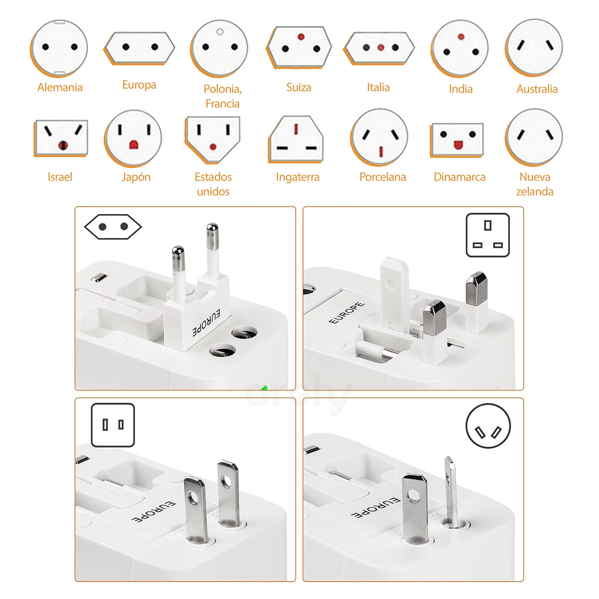 Adaptador Universal de Viaje con Puertos USB-A y USB-C