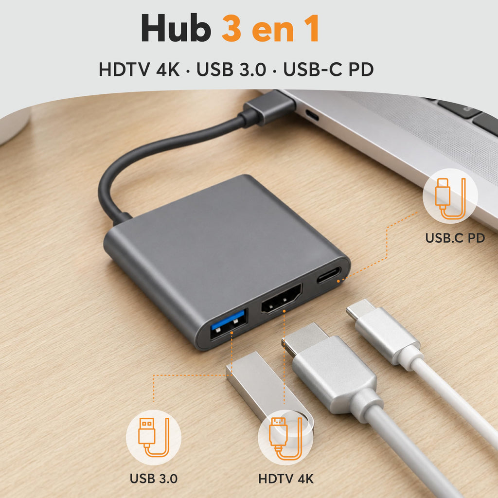 Hub USB-C 3 en 1 con HDMI, USB 3.0 y USB-C