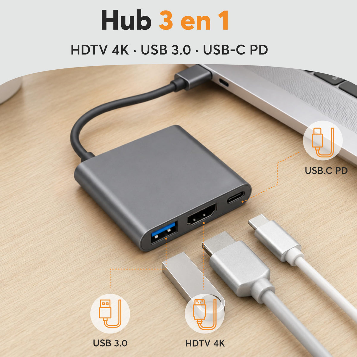 Hub USB-C 3 en 1 con HDMI, USB 3.0 y USB-C
