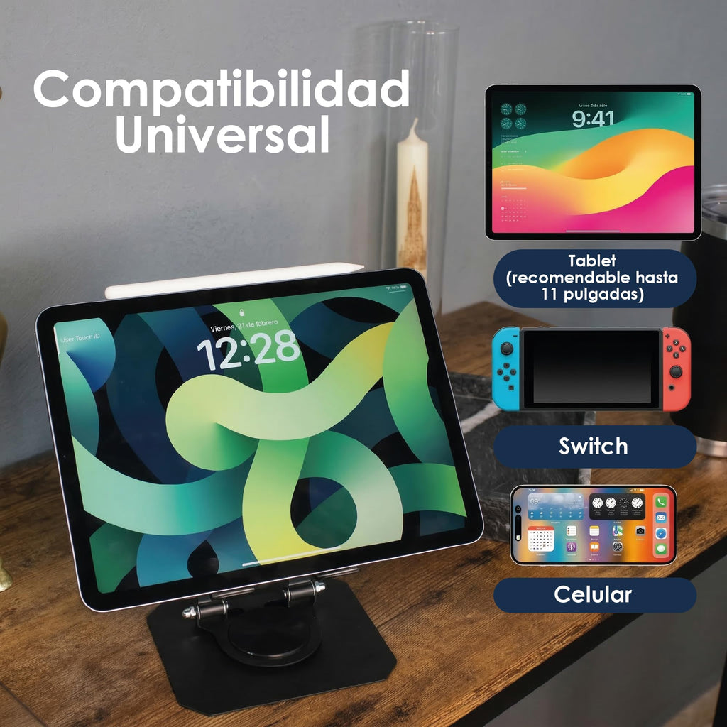 Base Soporte para Tablet de Aluminio Plegable y Giratoria