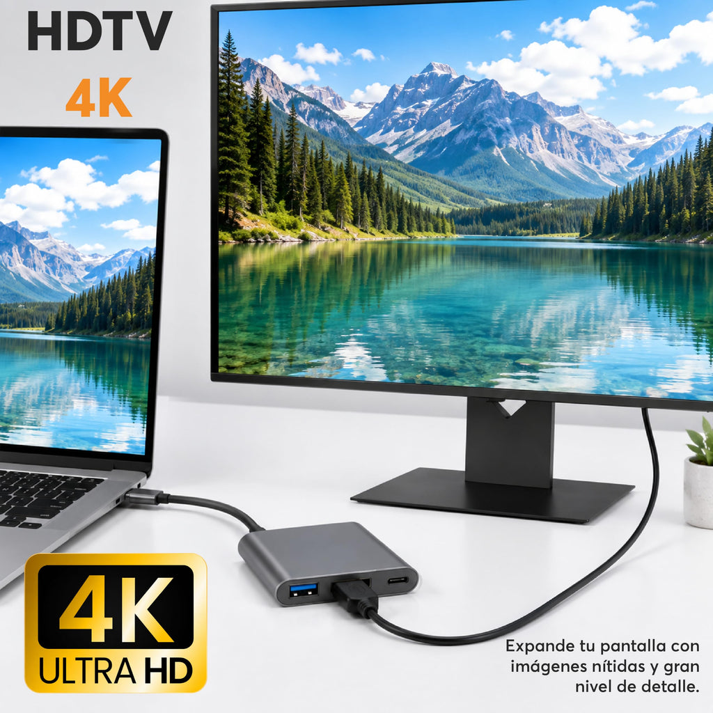 Hub USB-C 3 en 1 con HDMI, USB 3.0 y USB-C