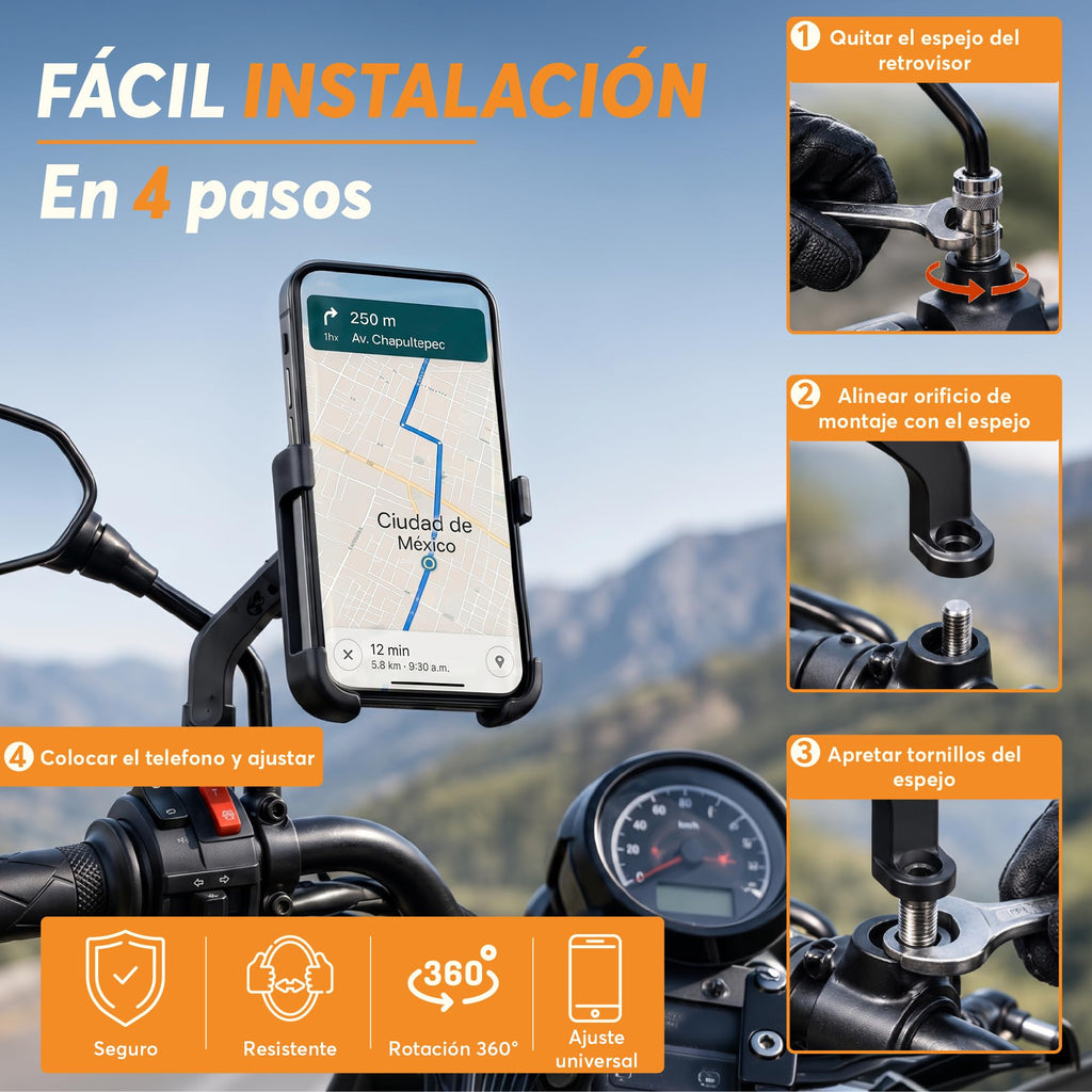 Soporte de Celular para Moto y Bici Metálico con Rotación 360°