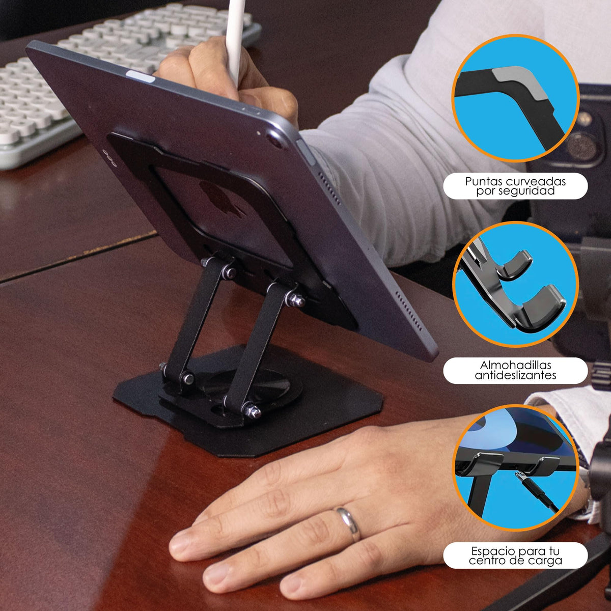 Base Soporte para Tablet de Aluminio Plegable y Giratoria
