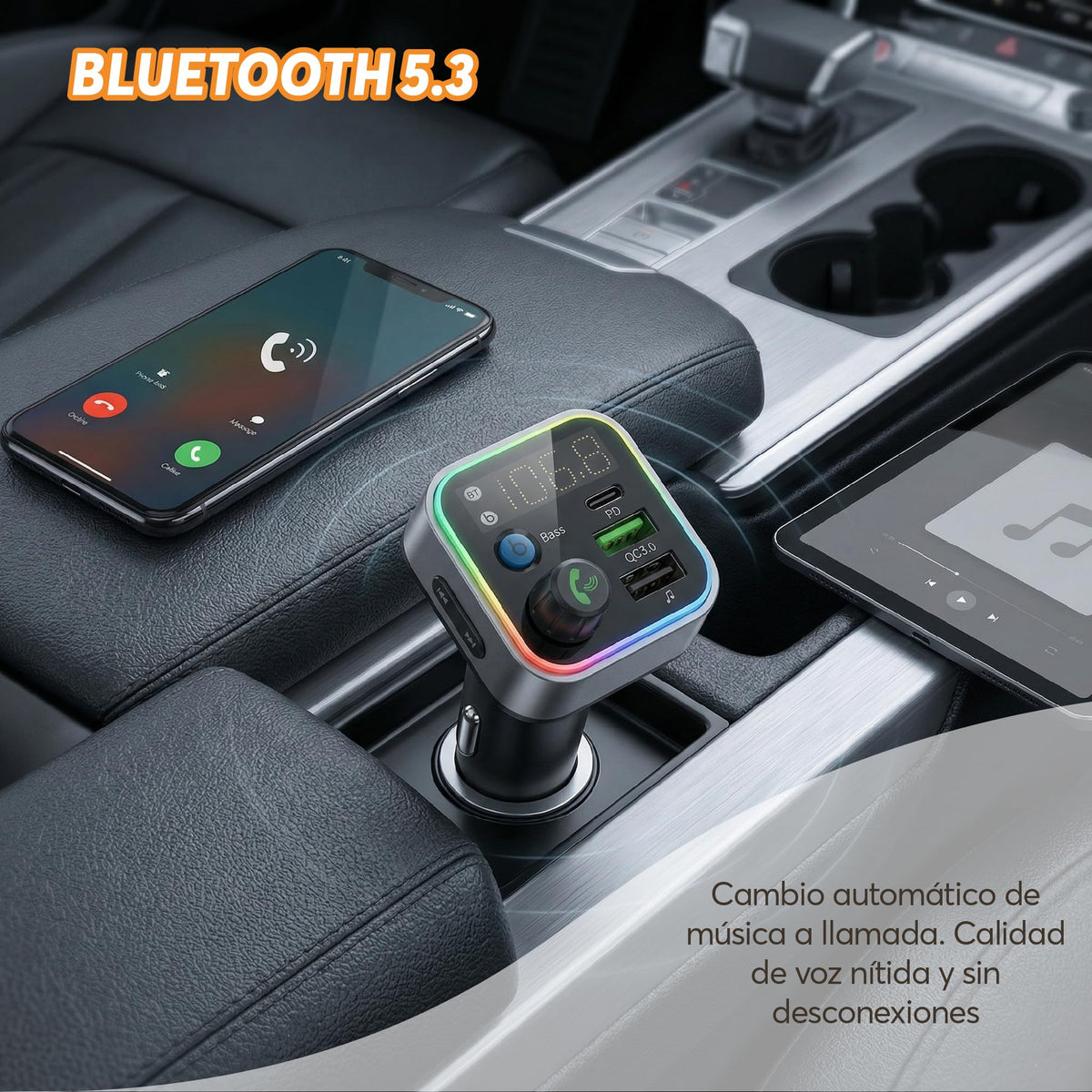 Transmisor Bluetooth 5.3 FM para Carro con USB-C y Carga Rápida