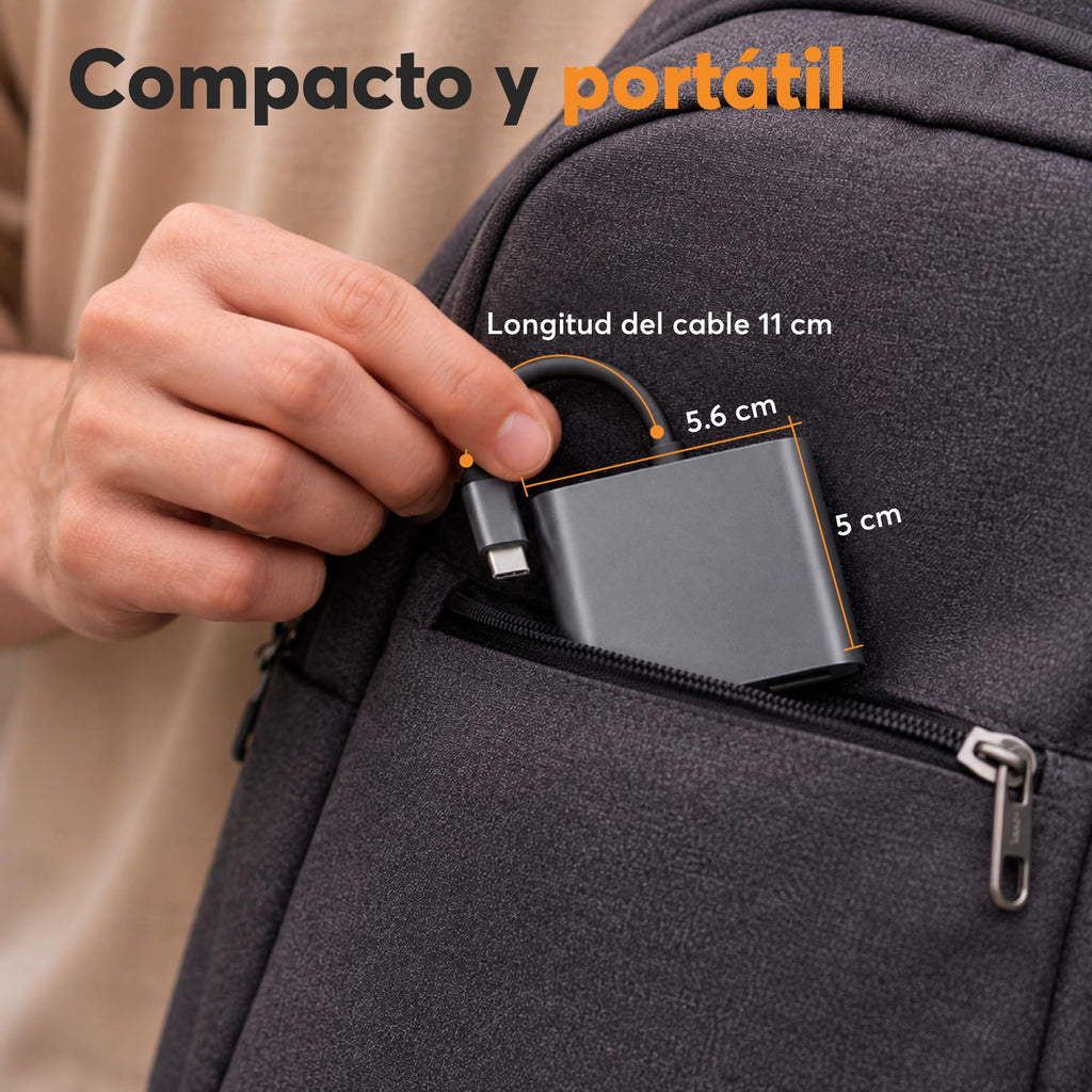 Hub USB-C 3 en 1 con HDMI, USB 3.0 y USB-C